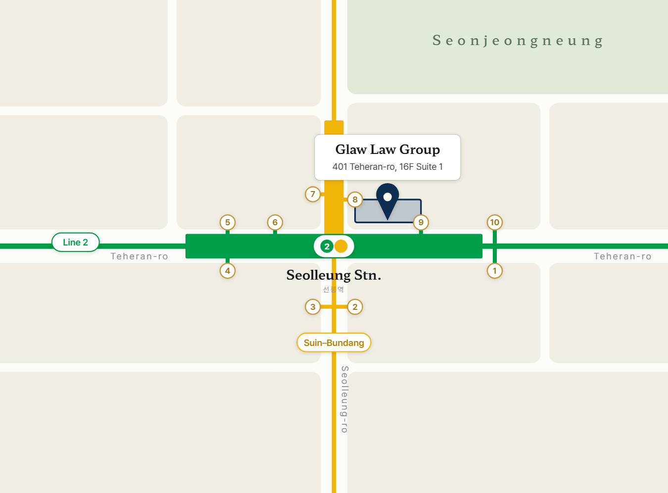 Simplified map around Seolleung Station — 401 Teheran-ro, Glaw